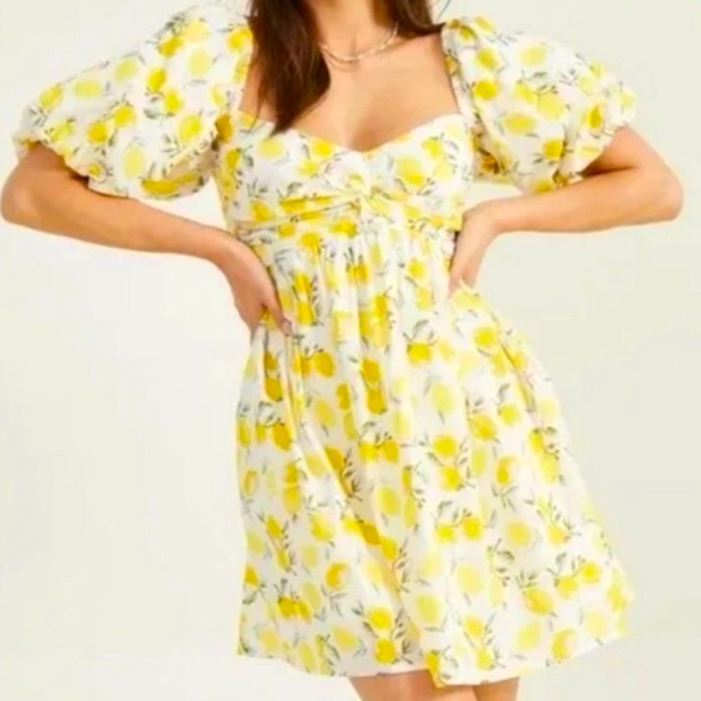 TRIXXI Lemon Print Babydoll Mini Dress w Balloon Sleeve Women’s XS